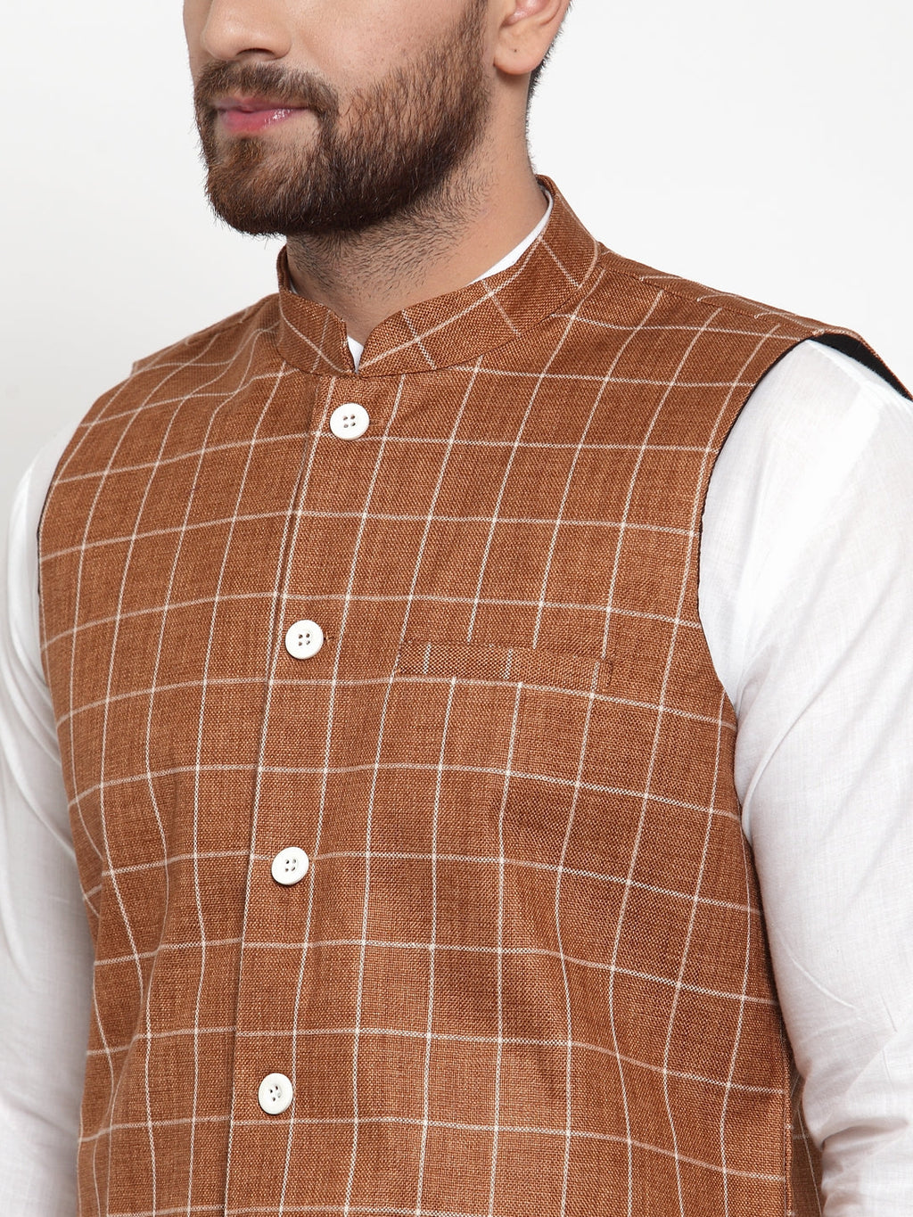 Jompers Men's Solid Kurta Pajama with Checked Waistcoat (Brown)