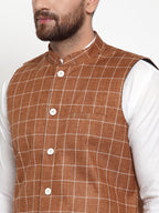 Jompers Men's Solid Kurta Pajama with Checked Waistcoat (Brown)