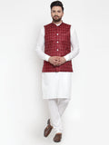 Jompers Men's Solid Kurta Pajama with Checked Waistcoat (Maroon)