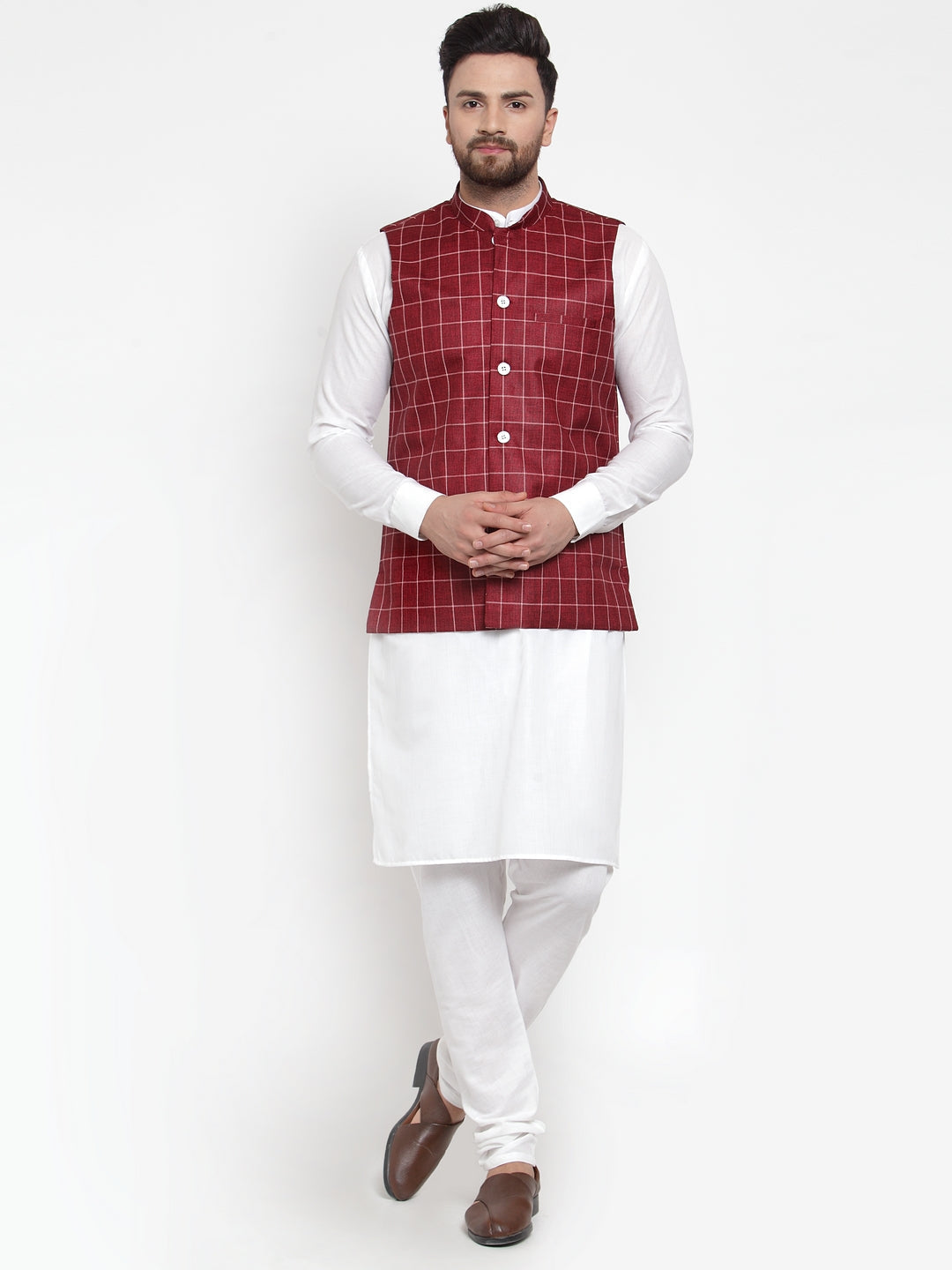 Jompers Men's Solid Kurta Pajama with Checked Waistcoat (Maroon)