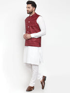 Jompers Men's Solid Kurta Pajama with Checked Waistcoat (Maroon)