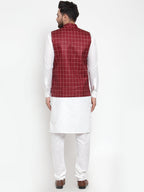Jompers Men's Solid Kurta Pajama with Checked Waistcoat (Maroon)