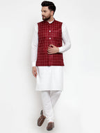 Jompers Men's Solid Kurta Pajama with Checked Waistcoat (Maroon)