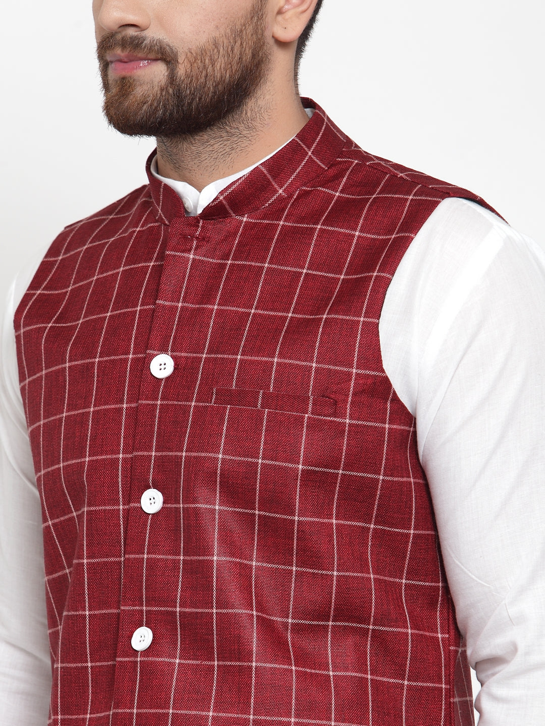 Jompers Men's Solid Kurta Pajama with Checked Waistcoat (Maroon)