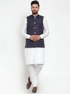 Jompers Men's Solid Kurta Pajama with Checked Waistcoat (Navy)