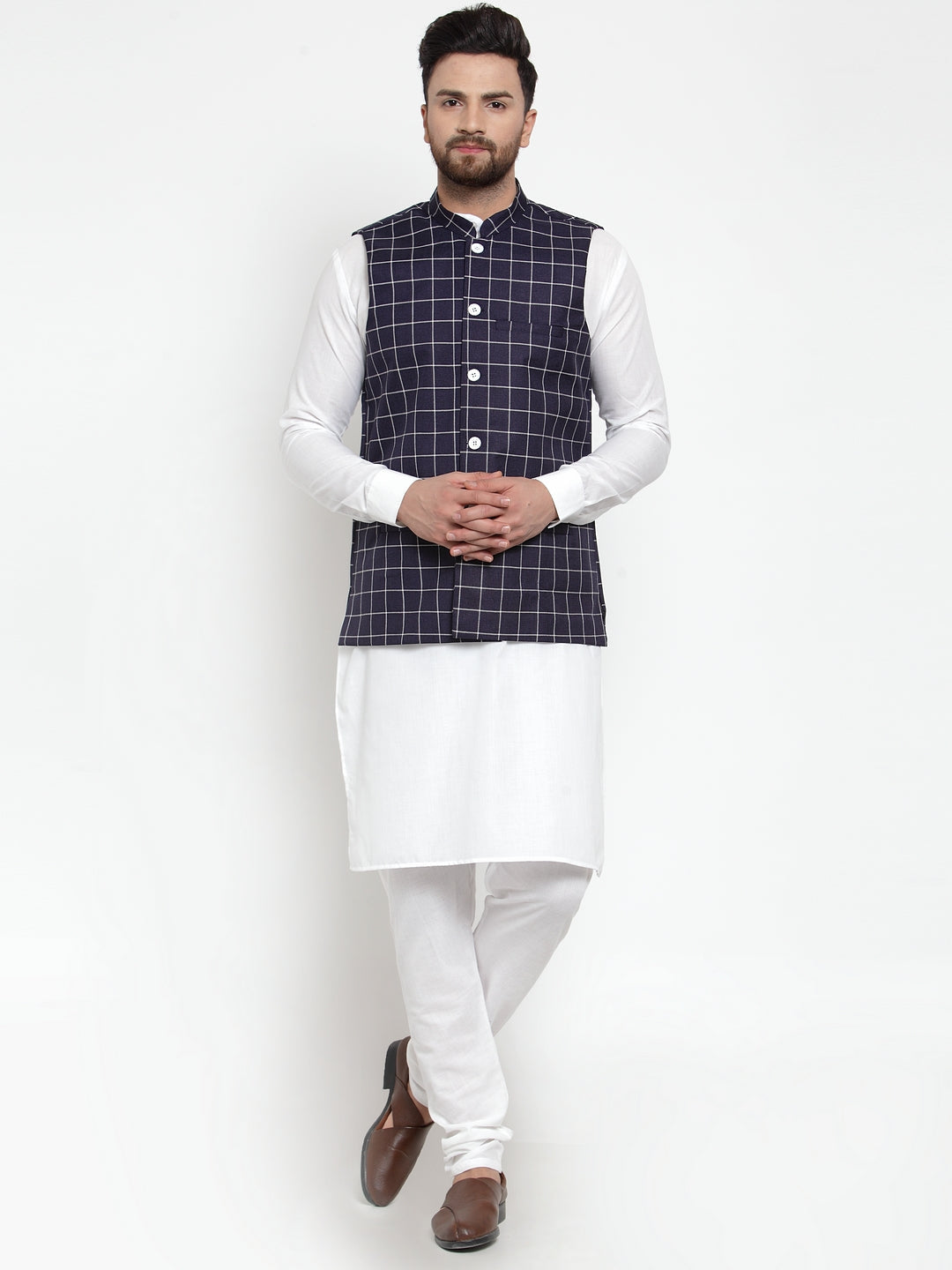 Jompers Men's Solid Kurta Pajama with Checked Waistcoat (Navy)