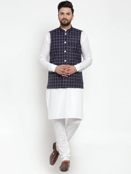 Jompers Men's Solid Kurta Pajama with Checked Waistcoat (Navy)