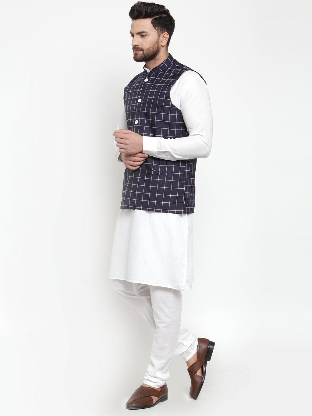 Jompers Men's Solid Kurta Pajama with Checked Waistcoat (Navy)