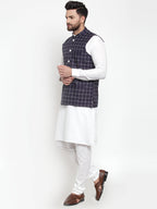 Jompers Men's Solid Kurta Pajama with Checked Waistcoat (Navy)