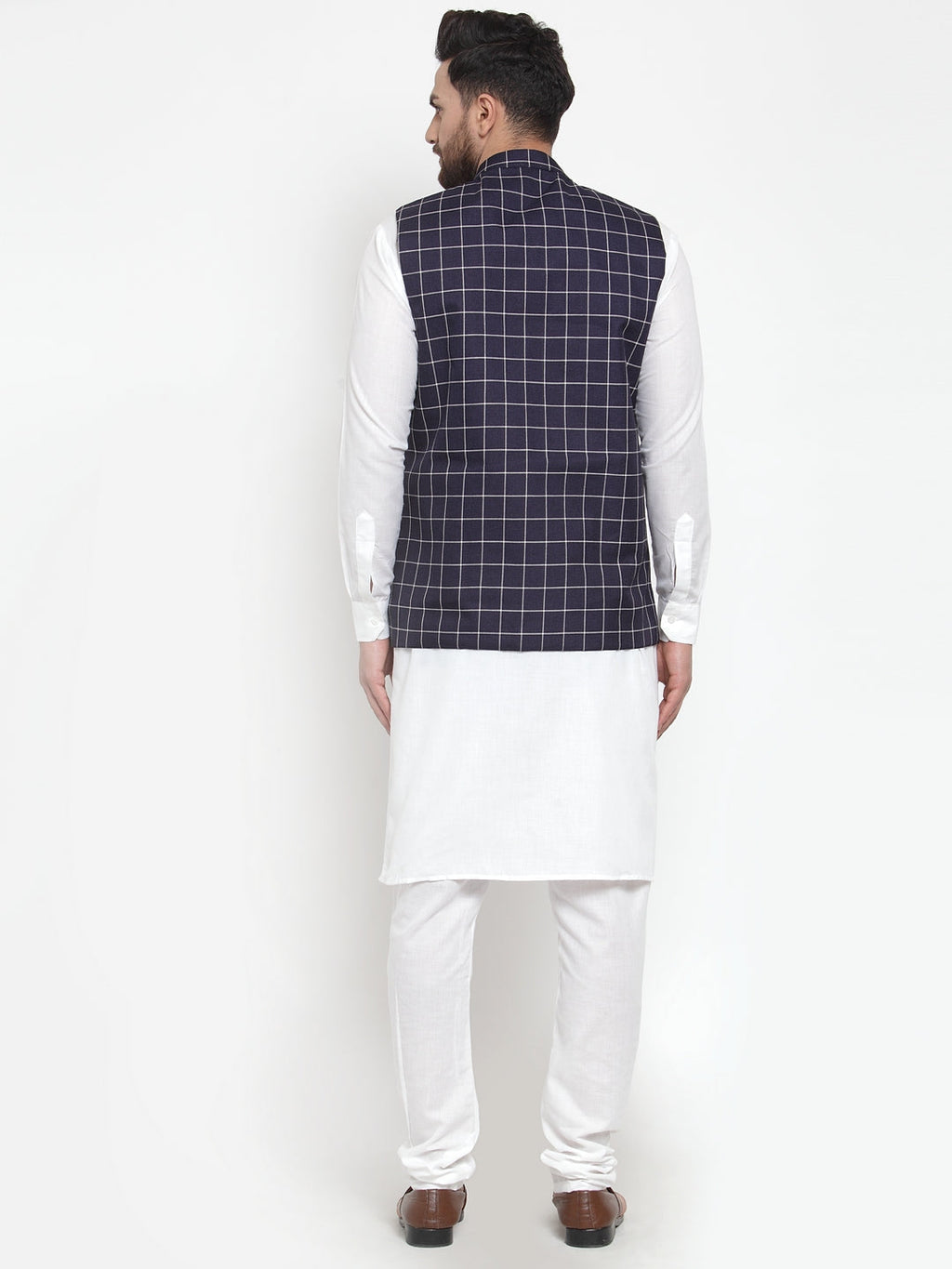 Jompers Men's Solid Kurta Pajama with Checked Waistcoat (Navy)