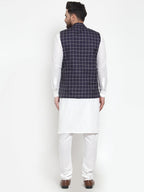 Jompers Men's Solid Kurta Pajama with Checked Waistcoat (Navy)