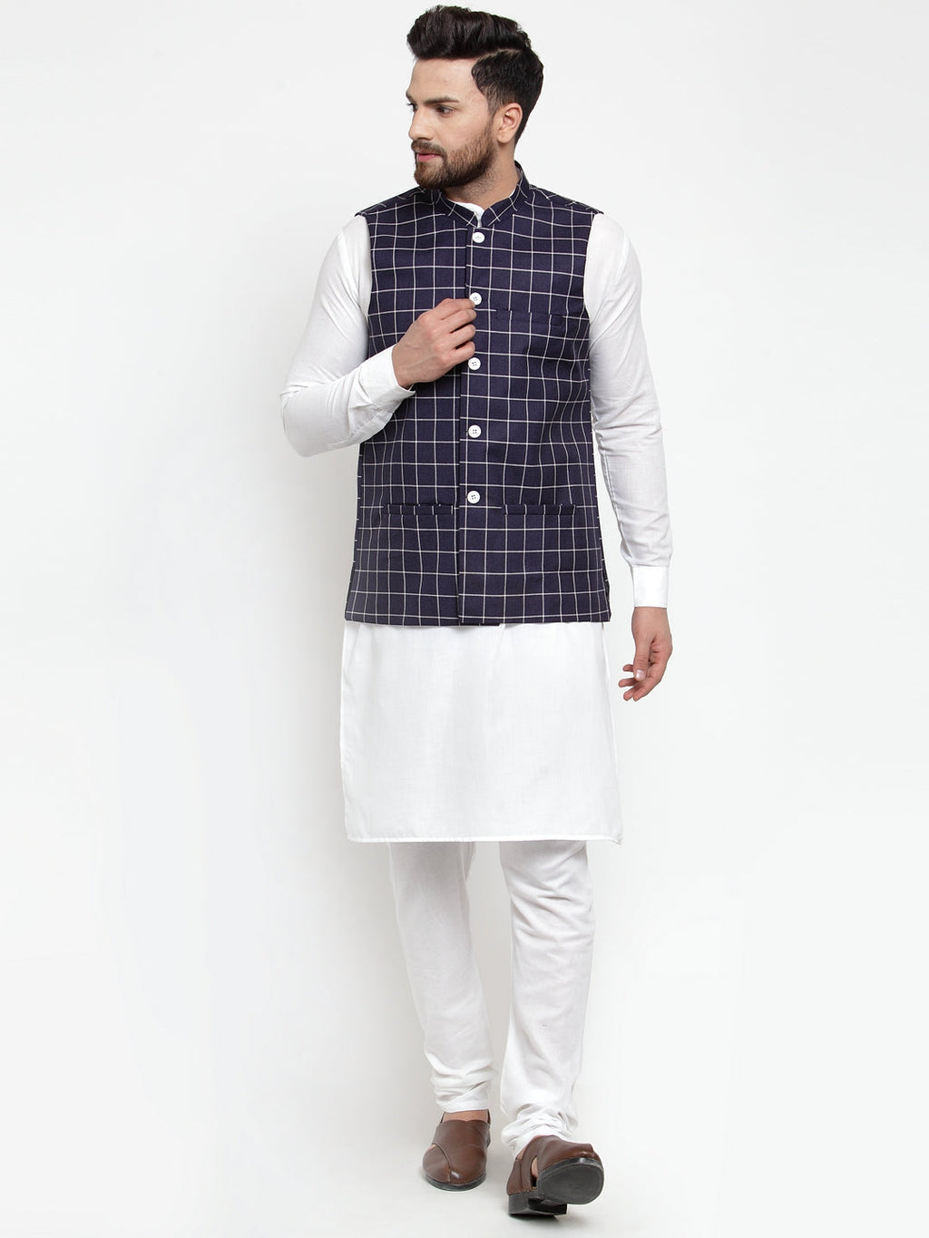 Jompers Men's Solid Kurta Pajama with Checked Waistcoat (Navy)