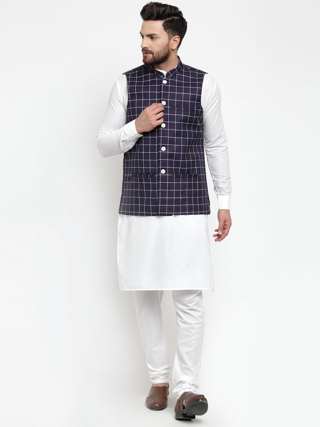 Jompers Men's Solid Kurta Pajama with Checked Waistcoat (Navy)
