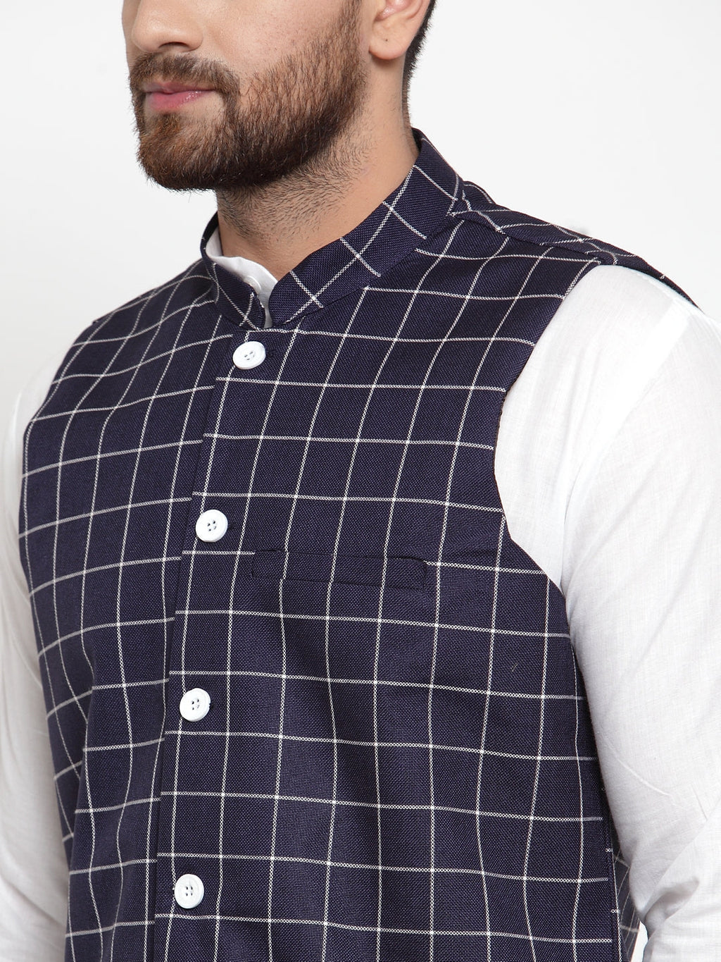 Jompers Men's Solid Kurta Pajama with Checked Waistcoat (Navy)