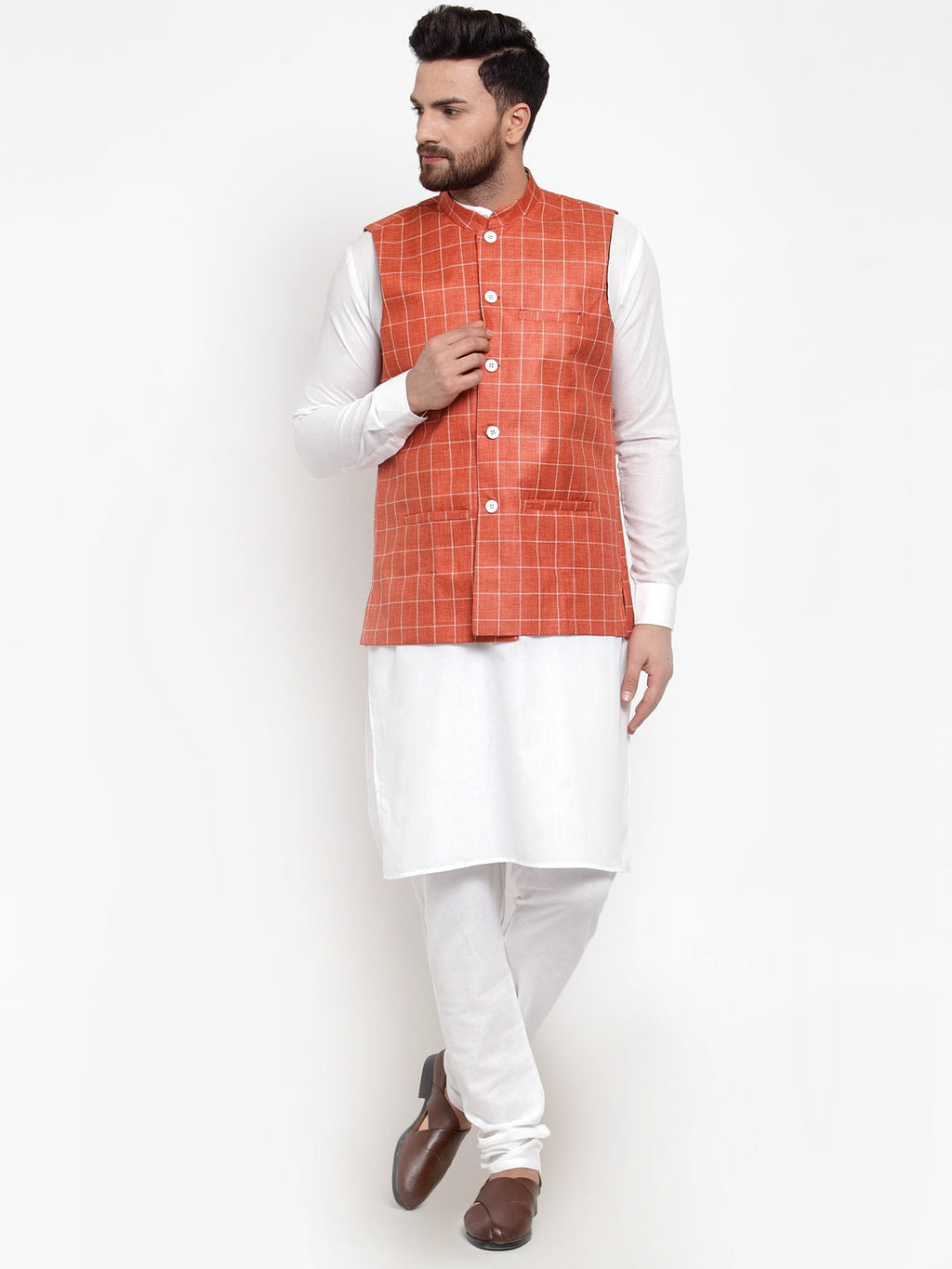 Jompers Men's Solid Kurta Pajama with Checked Waistcoat (Peach)