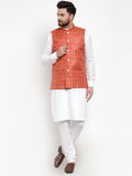 Jompers Men's Solid Kurta Pajama with Checked Waistcoat (Peach)