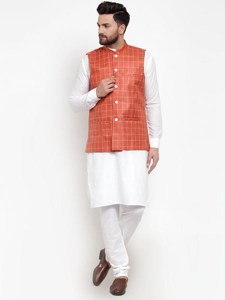 Jompers Men's Solid Kurta Pajama with Checked Waistcoat (Peach)