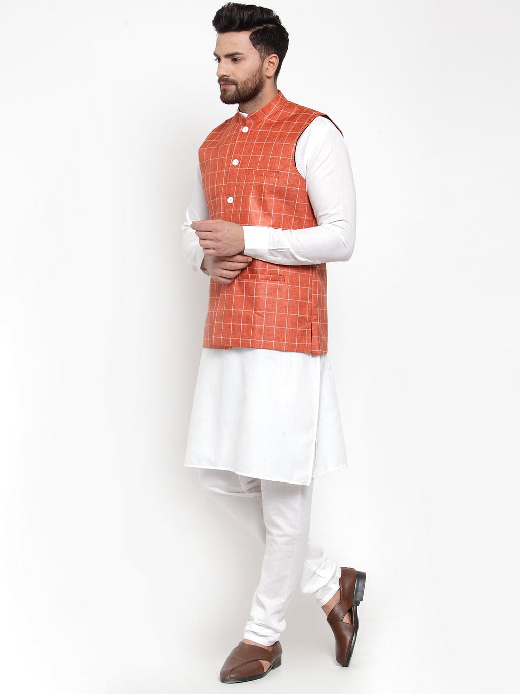 Jompers Men's Solid Kurta Pajama with Checked Waistcoat (Peach)