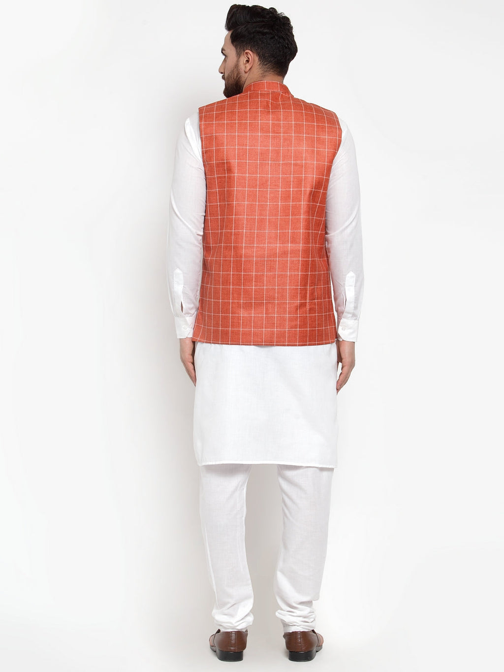 Jompers Men's Solid Kurta Pajama with Checked Waistcoat (Peach)