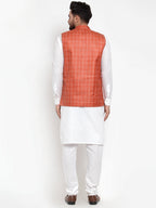 Jompers Men's Solid Kurta Pajama with Checked Waistcoat (Peach)