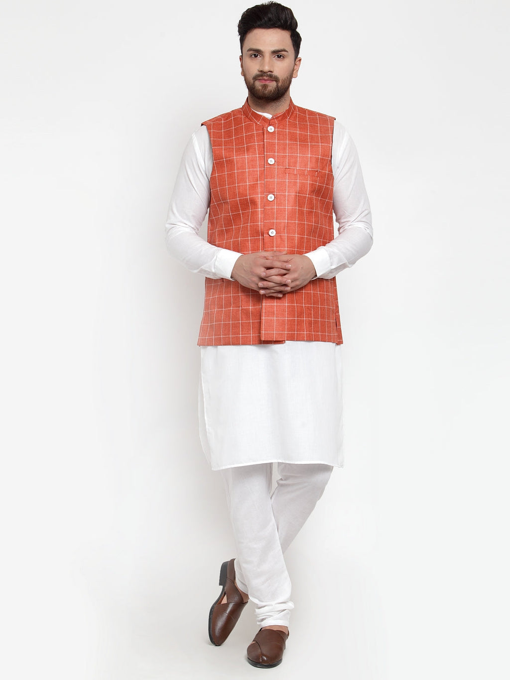 Jompers Men's Solid Kurta Pajama with Checked Waistcoat (Peach)