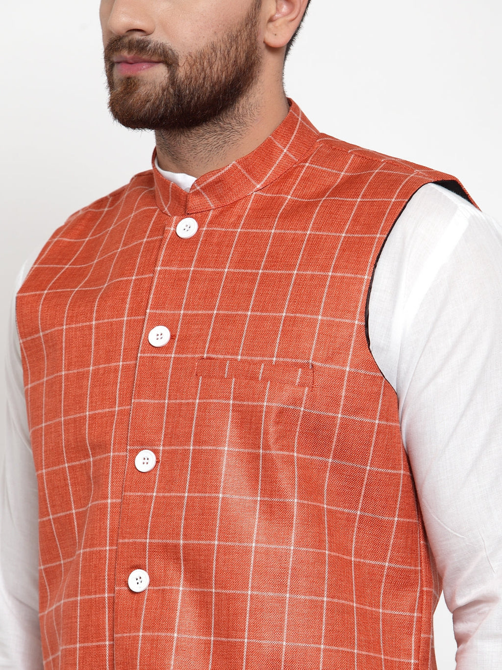 Jompers Men's Solid Kurta Pajama with Checked Waistcoat (Peach)
