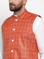 Jompers Men's Solid Kurta Pajama with Checked Waistcoat (Peach)