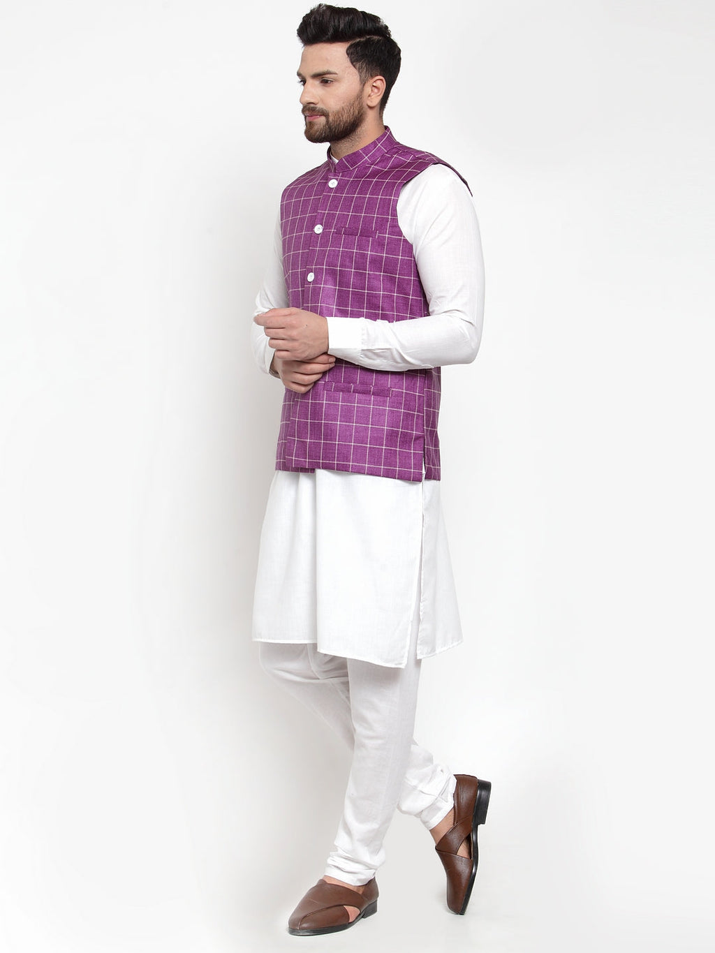Jompers Men's Solid Kurta Pajama with Checked Waistcoat (Purple)