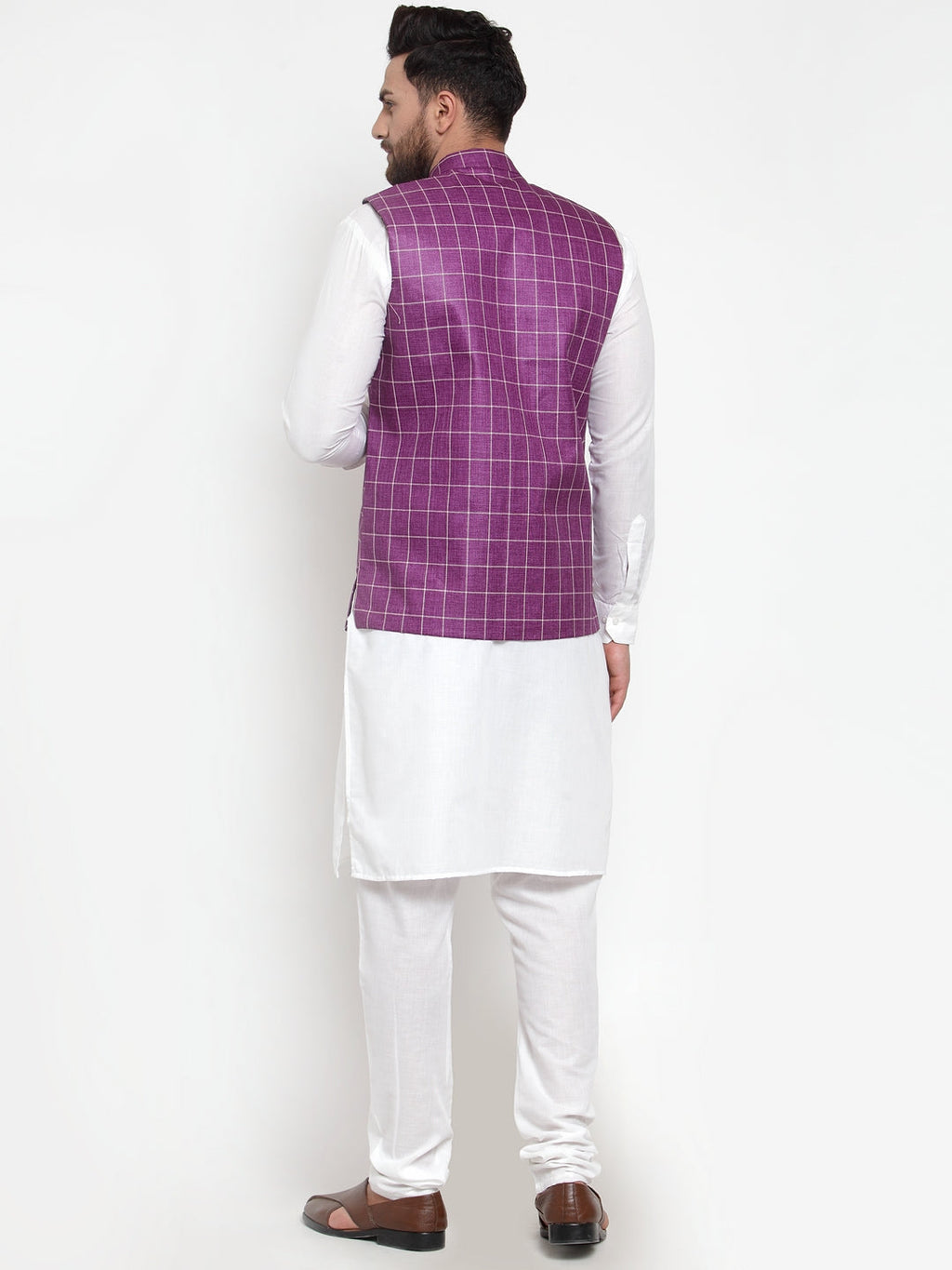Jompers Men's Solid Kurta Pajama with Checked Waistcoat (Purple)