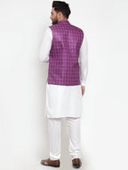 Jompers Men's Solid Kurta Pajama with Checked Waistcoat (Purple)