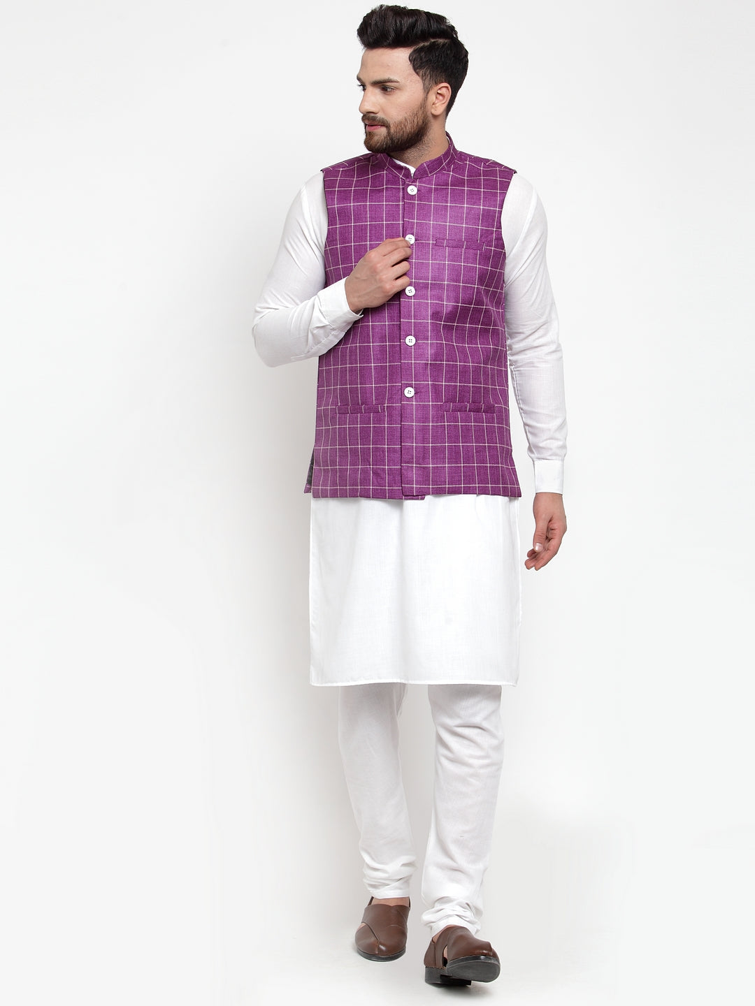 Jompers Men's Solid Kurta Pajama with Checked Waistcoat (Purple)
