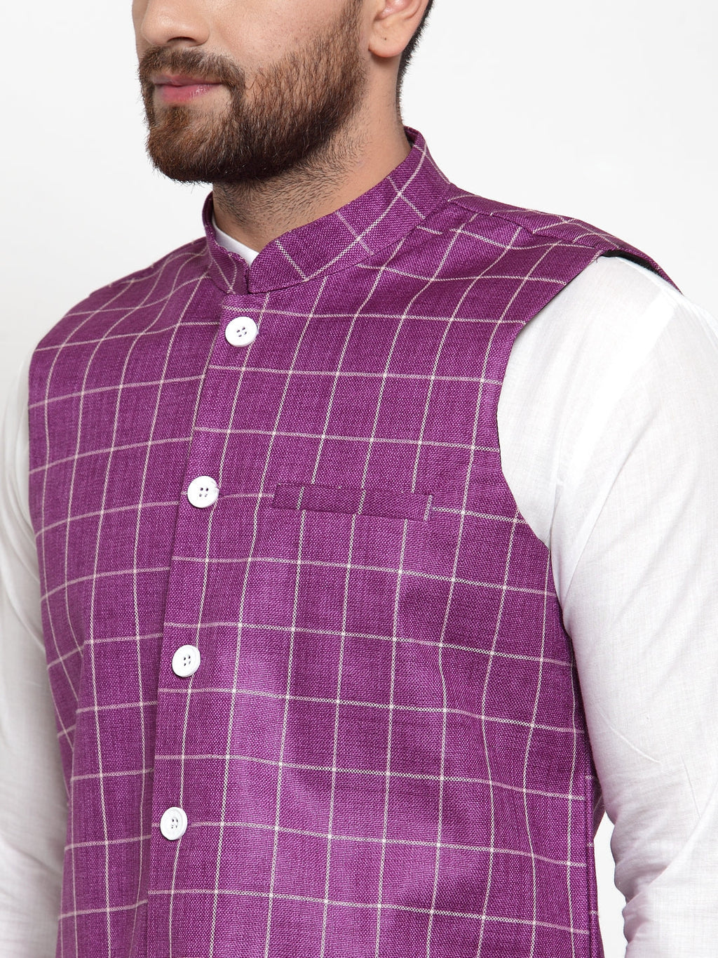 Jompers Men's Solid Kurta Pajama with Checked Waistcoat (Purple)