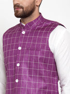 Jompers Men's Solid Kurta Pajama with Checked Waistcoat (Purple)
