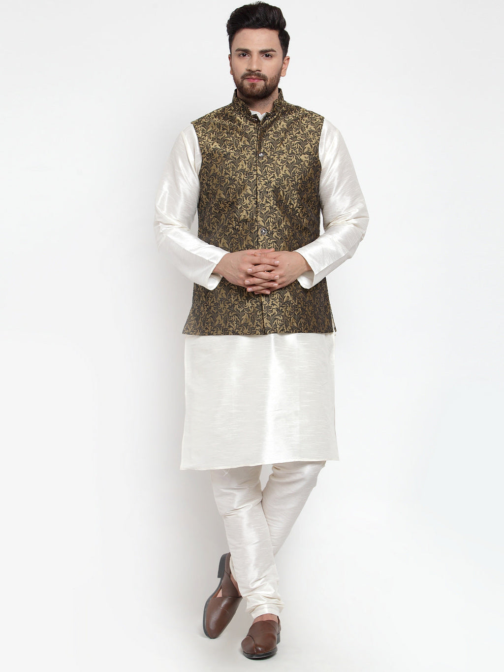 Jompers Men's Solid Dupion Kurta Pajama with Woven Jacquard Waistcoat (Gold)