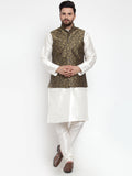 Jompers Men's Solid Dupion Kurta Pajama with Woven Jacquard Waistcoat (Gold)