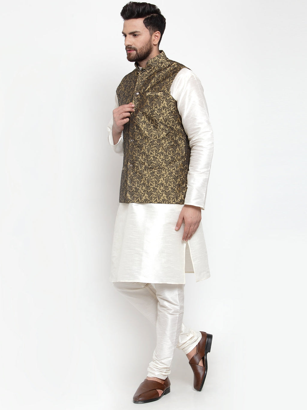 Jompers Men's Solid Dupion Kurta Pajama with Woven Jacquard Waistcoat (Gold)