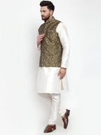Jompers Men's Solid Dupion Kurta Pajama with Woven Jacquard Waistcoat (Gold)