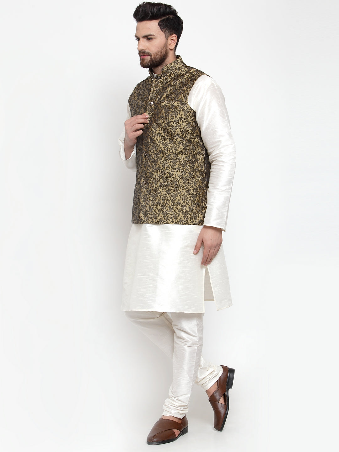Jompers Men's Solid Dupion Kurta Pajama with Woven Jacquard Waistcoat (Gold)
