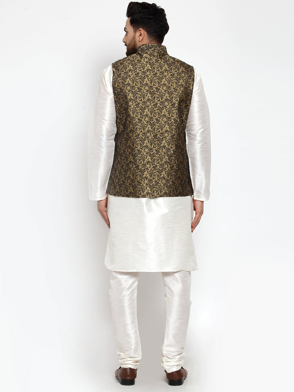 Jompers Men's Solid Dupion Kurta Pajama with Woven Jacquard Waistcoat (Gold)