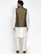 Jompers Men's Solid Dupion Kurta Pajama with Woven Jacquard Waistcoat (Gold)