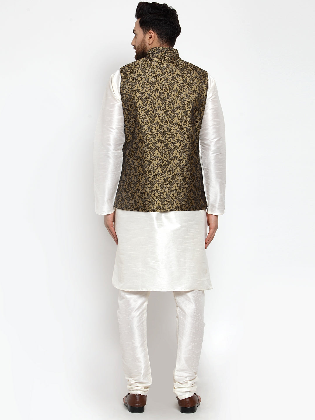 Jompers Men's Solid Dupion Kurta Pajama with Woven Jacquard Waistcoat (Gold)