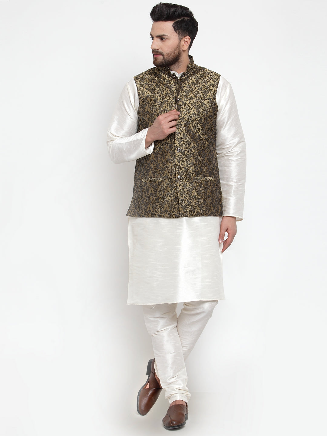 Jompers Men's Solid Dupion Kurta Pajama with Woven Jacquard Waistcoat (Gold)