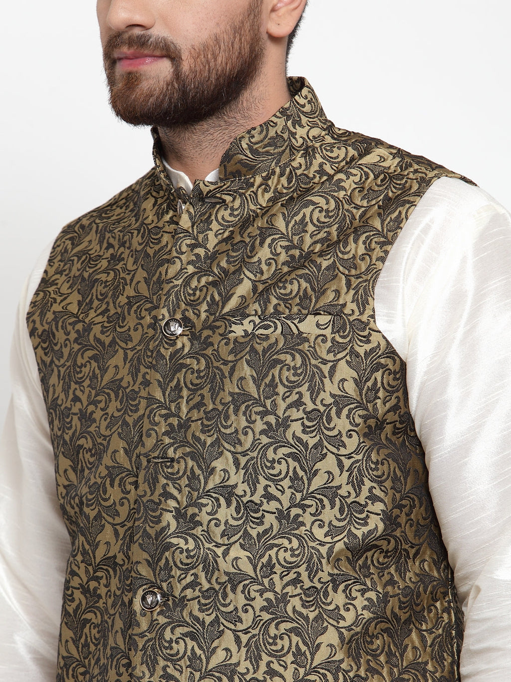 Jompers Men's Solid Dupion Kurta Pajama with Woven Jacquard Waistcoat (Gold)