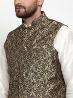 Jompers Men's Solid Dupion Kurta Pajama with Woven Jacquard Waistcoat (Gold)