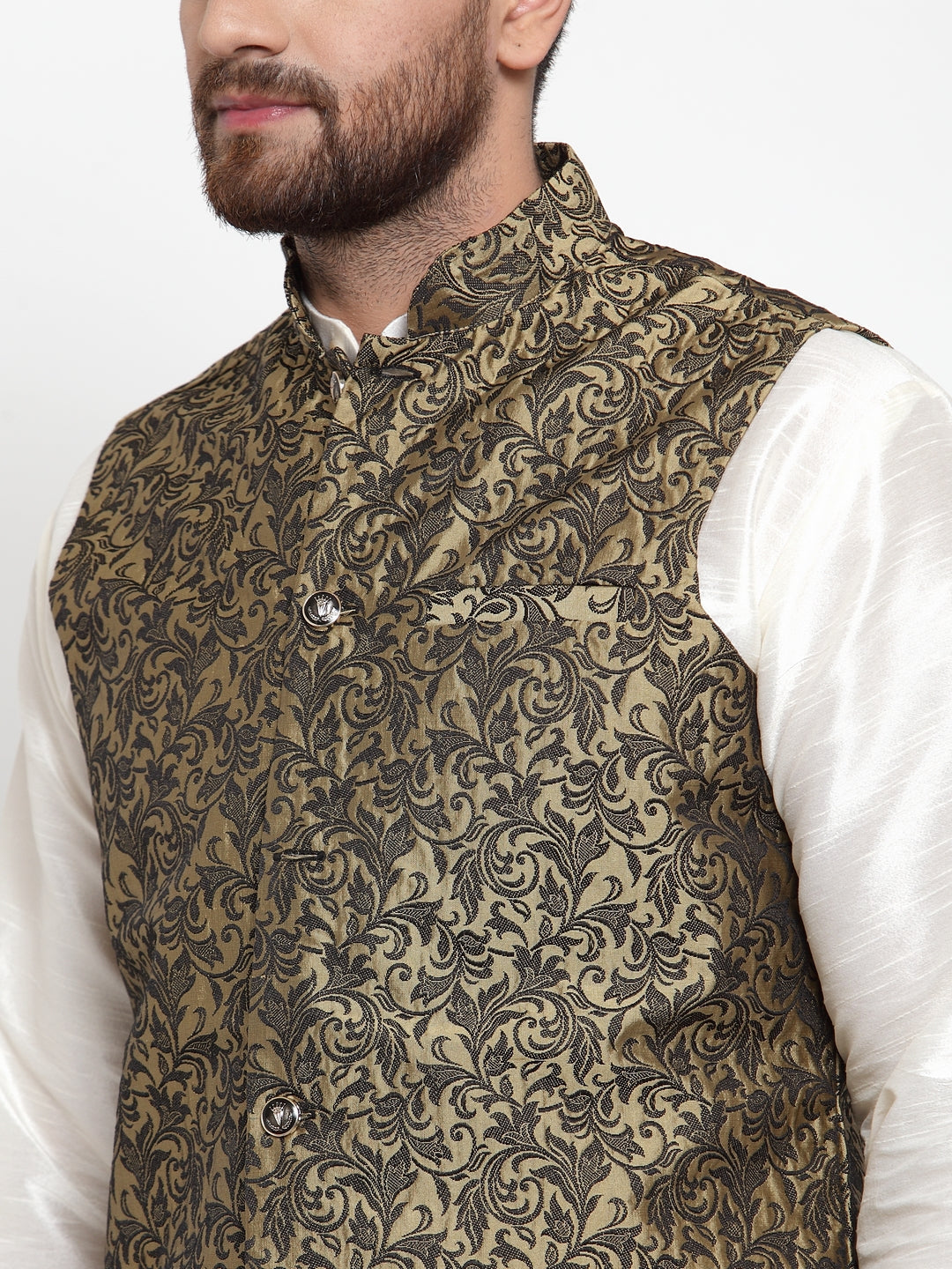 Jompers Men's Solid Dupion Kurta Pajama with Woven Jacquard Waistcoat (Gold)