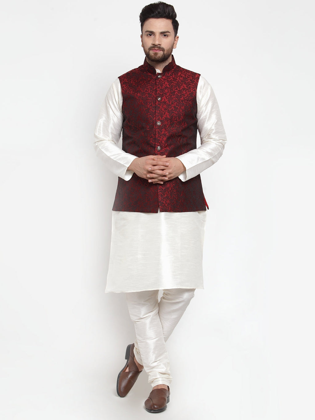 Jompers Men's Solid Dupion Kurta Pajama with Woven Jacquard Waistcoat (Maroon)