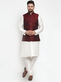 Jompers Men's Solid Dupion Kurta Pajama with Woven Jacquard Waistcoat (Maroon)