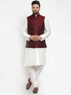 Jompers Men's Solid Dupion Kurta Pajama with Woven Jacquard Waistcoat (Maroon)