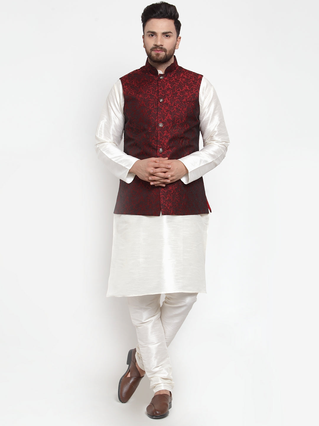 Jompers Men's Solid Dupion Kurta Pajama with Woven Jacquard Waistcoat (Maroon)