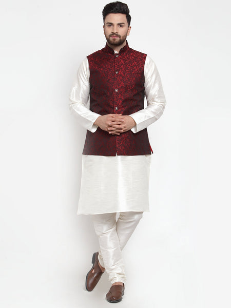 Jompers Men's Solid Dupion Kurta Pajama with Woven Jacquard Waistcoat (Maroon)